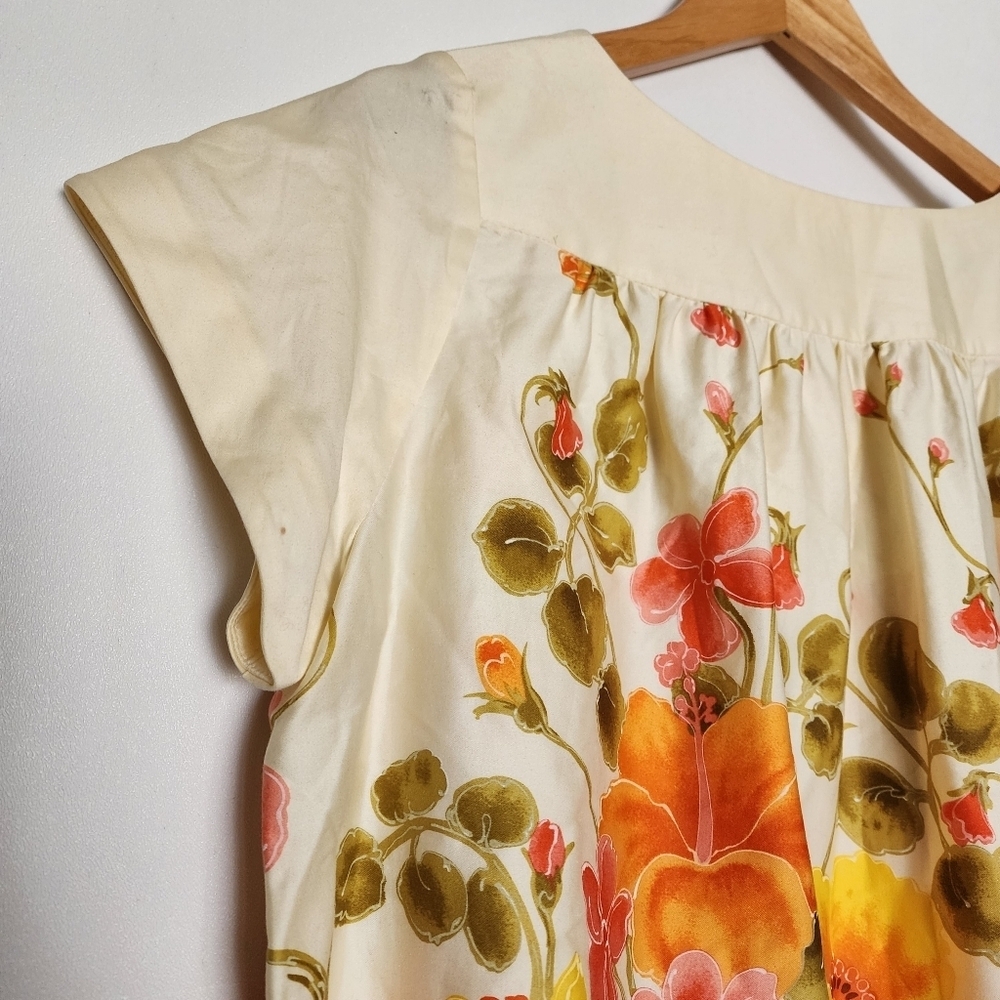 Jill Stuart Yellow Hibiscus Floral Hawaiian Swing Dress Pockets Large Vintage - Picture 3 of 13